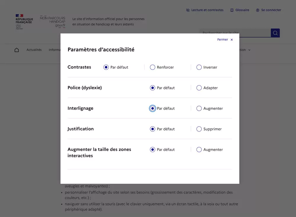 Param&egrave;tres d'accessibilit&eacute;